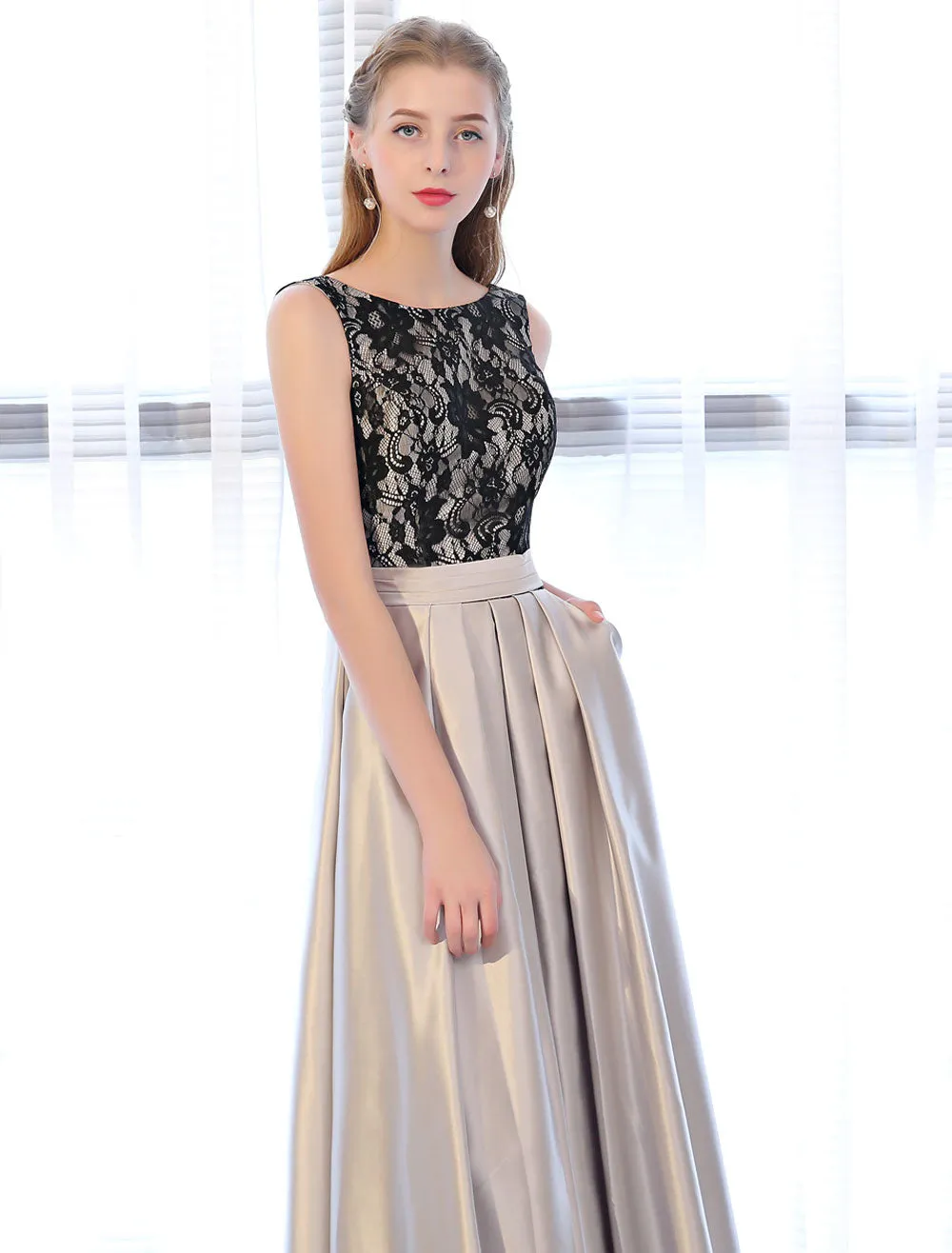 Amazing Evening Dresses Satin Lace evening dress Sleeveless Backless Pleated Pockets Floor Length Formal Dress