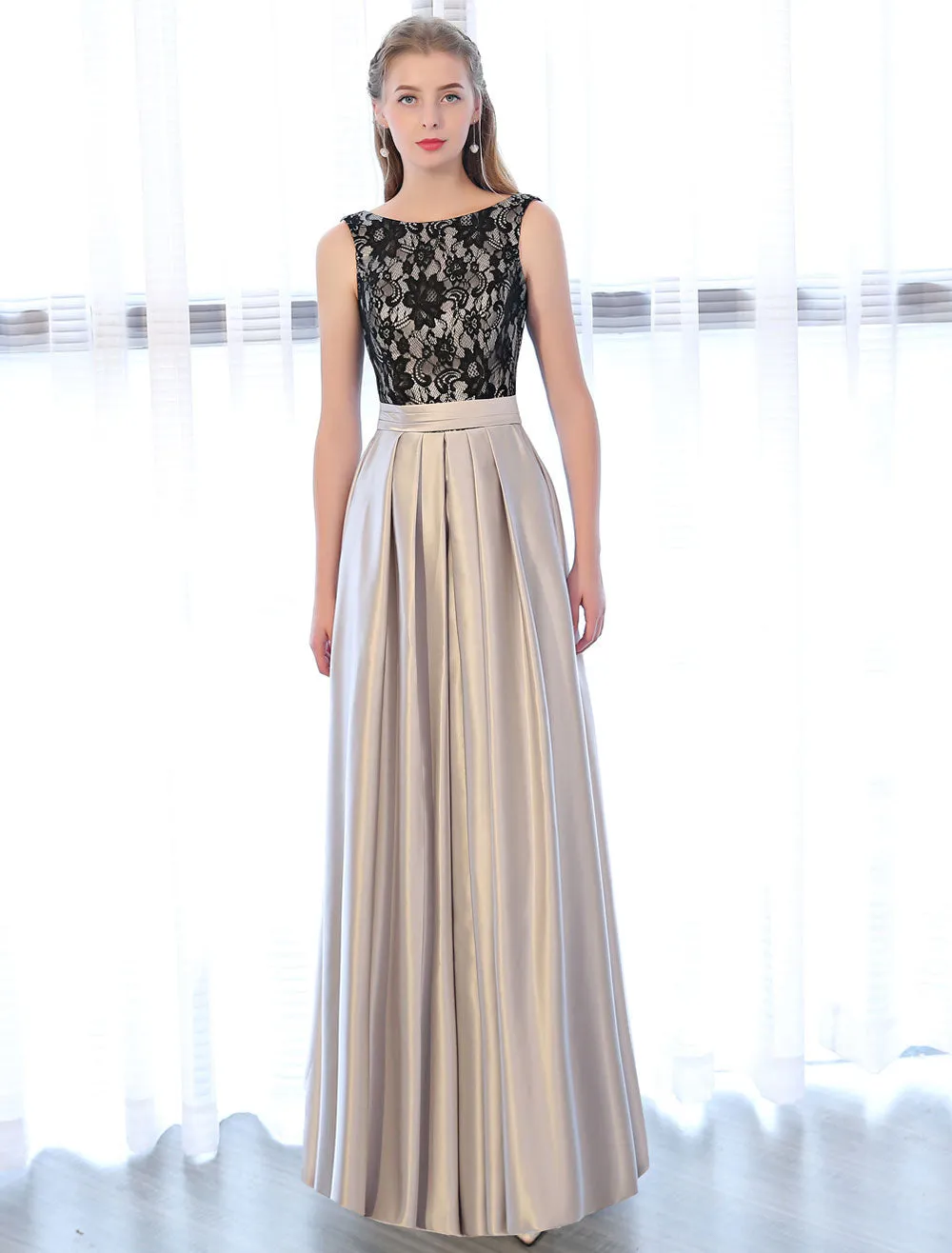 Amazing Evening Dresses Satin Lace evening dress Sleeveless Backless Pleated Pockets Floor Length Formal Dress