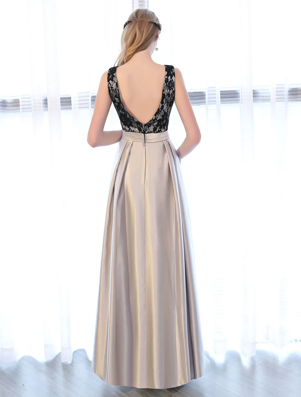 Amazing Evening Dresses Satin Lace evening dress Sleeveless Backless Pleated Pockets Floor Length Formal Dress