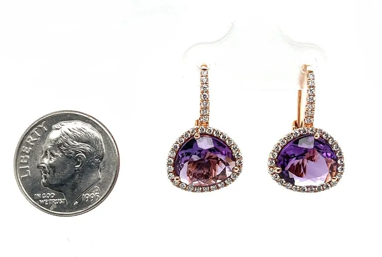 Amethyst and Diamond Halo Lever Back Drop Earrings in 18k Rose Gold