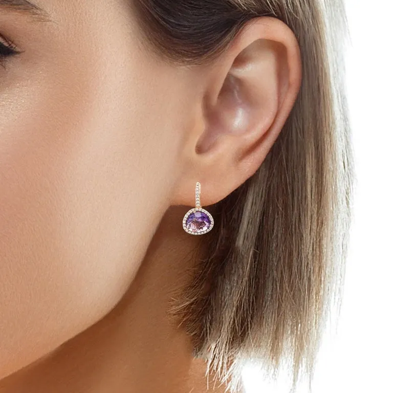 Amethyst and Diamond Halo Lever Back Drop Earrings in 18k Rose Gold