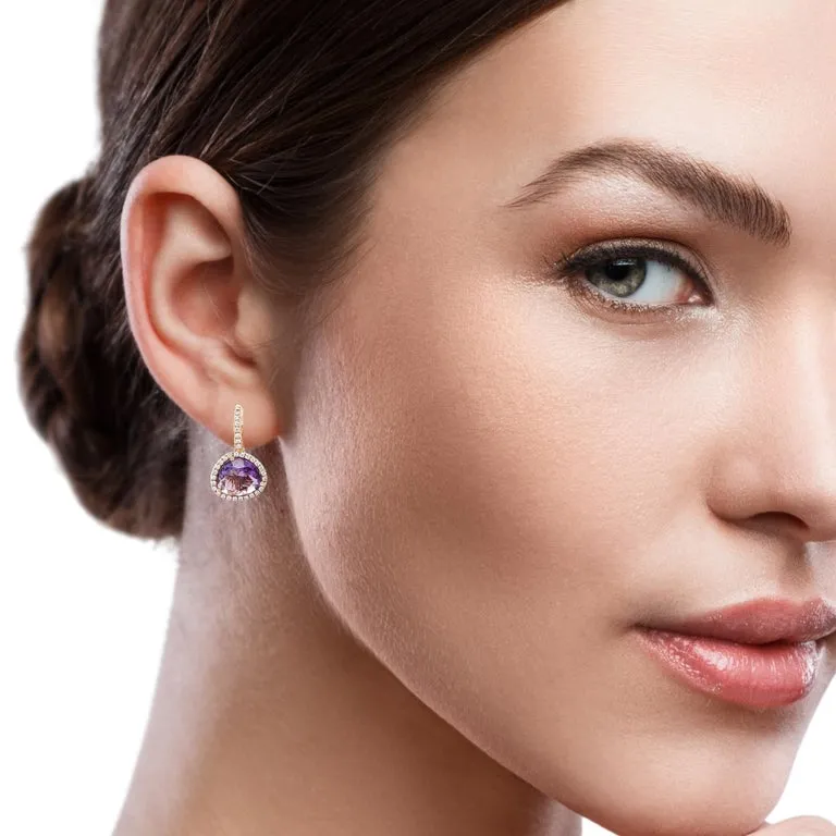 Amethyst and Diamond Halo Lever Back Drop Earrings in 18k Rose Gold