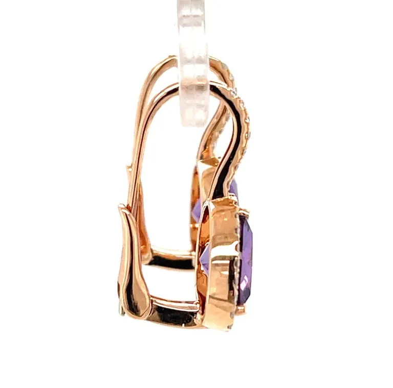 Amethyst and Diamond Halo Lever Back Drop Earrings in 18k Rose Gold