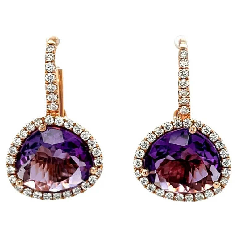 Amethyst and Diamond Halo Lever Back Drop Earrings in 18k Rose Gold