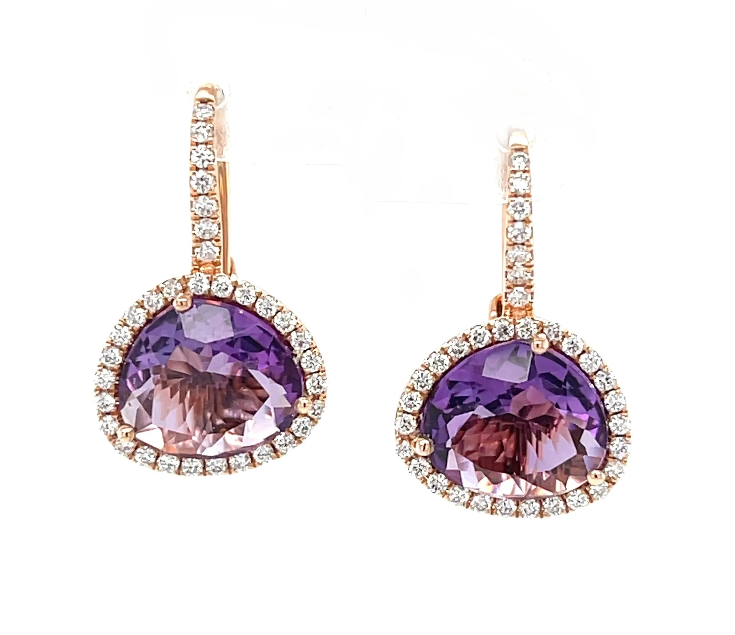 Amethyst and Diamond Halo Lever Back Drop Earrings in 18k Rose Gold