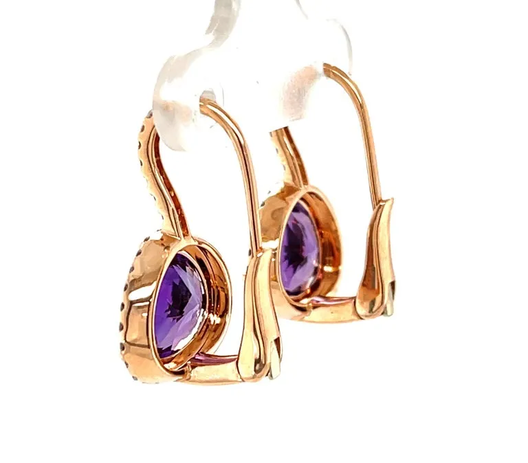 Amethyst and Diamond Halo Lever Back Drop Earrings in 18k Rose Gold
