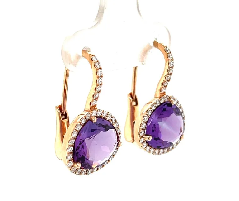 Amethyst and Diamond Halo Lever Back Drop Earrings in 18k Rose Gold