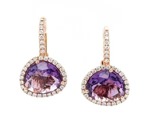 Amethyst and Diamond Halo Lever Back Drop Earrings in 18k Rose Gold