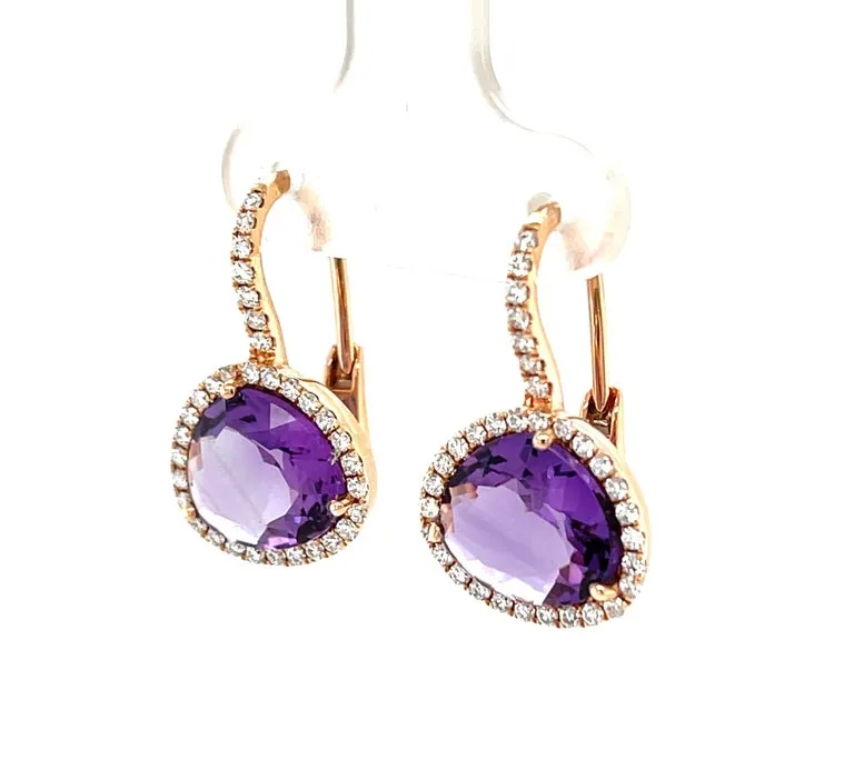 Amethyst and Diamond Halo Lever Back Drop Earrings in 18k Rose Gold