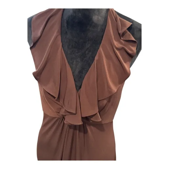 Amsale Brown Maxi Dress Ruffle Halter Evening Party Gown Size 8