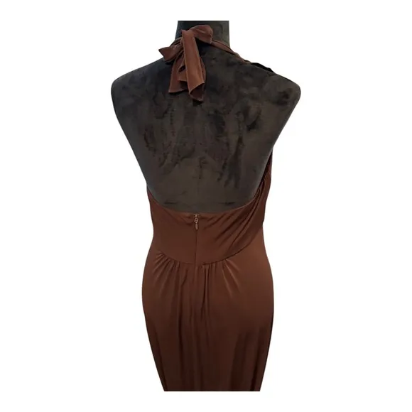 Amsale Brown Maxi Dress Ruffle Halter Evening Party Gown Size 8