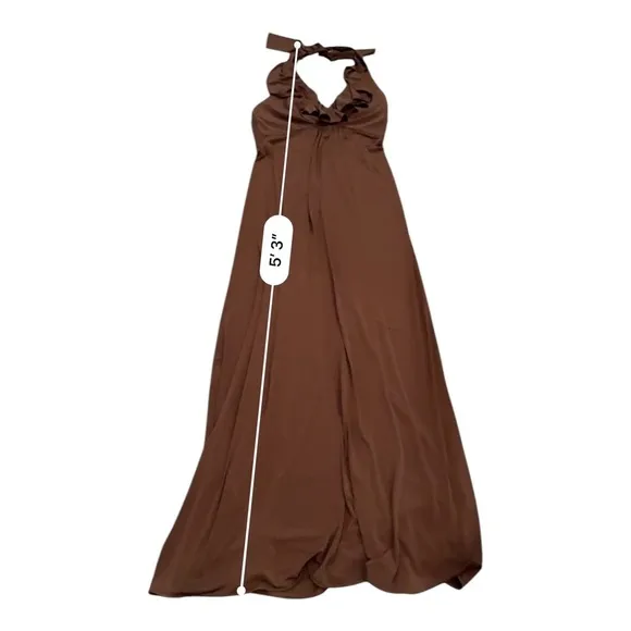 Amsale Brown Maxi Dress Ruffle Halter Evening Party Gown Size 8