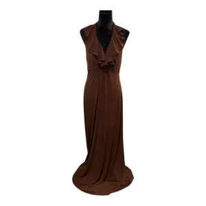 Amsale Brown Maxi Dress Ruffle Halter Evening Party Gown Size 8