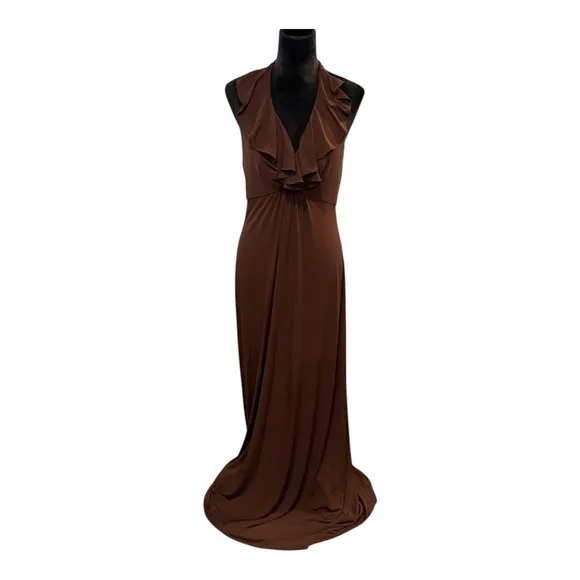 Amsale Brown Maxi Dress Ruffle Halter Evening Party Gown Size 8