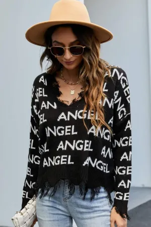 ANGEL Distressed Printed V-Neck Dropped Shoulder Sweater