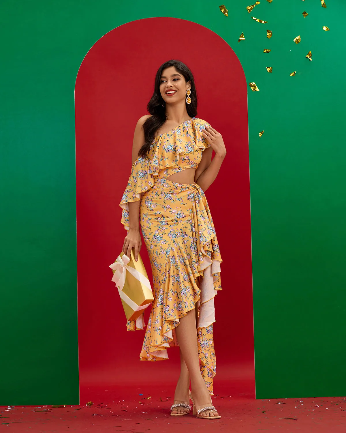 Asymmetric Cutout Ruffle Floral Dress