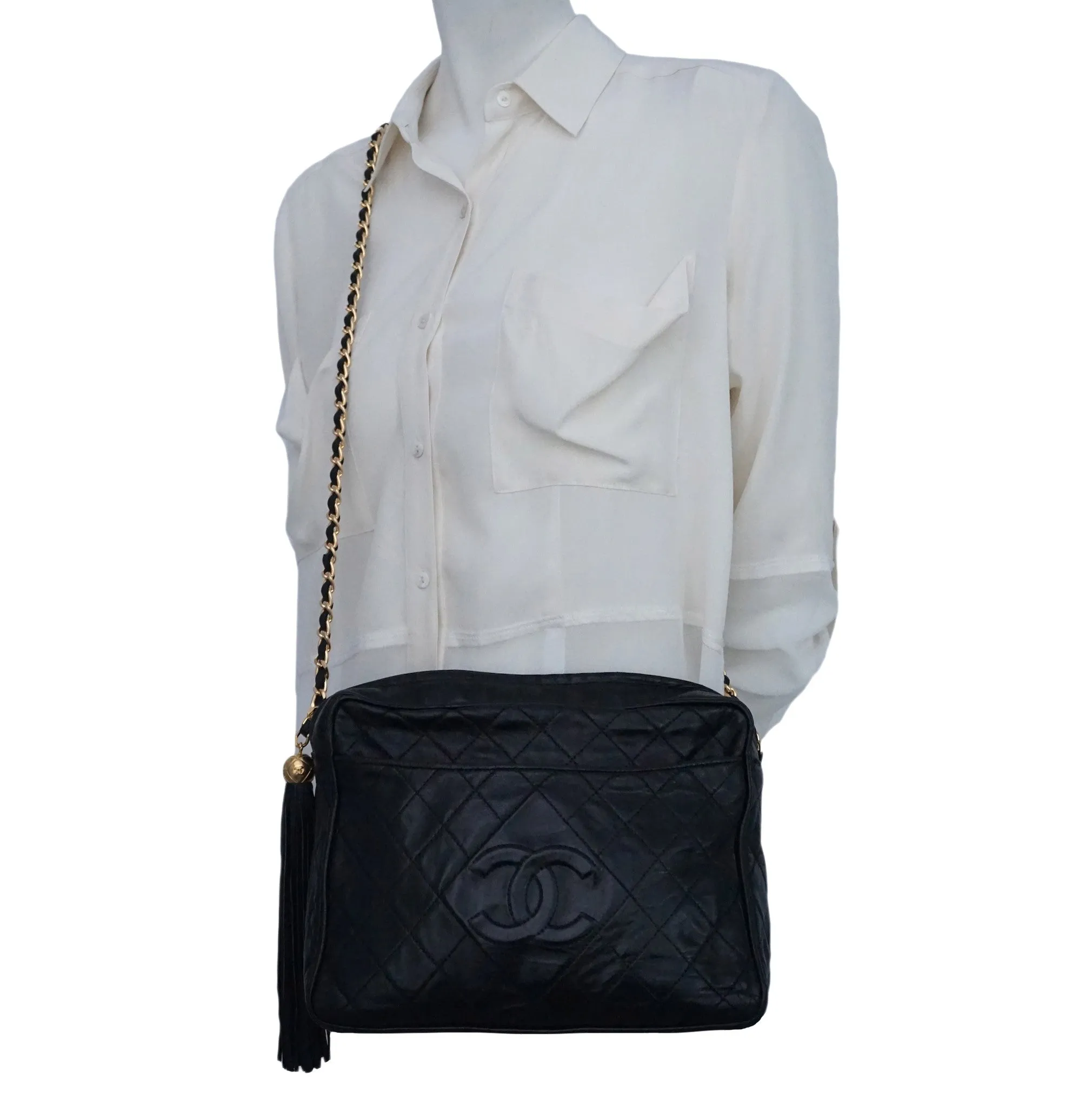 Authentic Chanel Vintage Black Lamb Quilted XL Camera Style Handbag