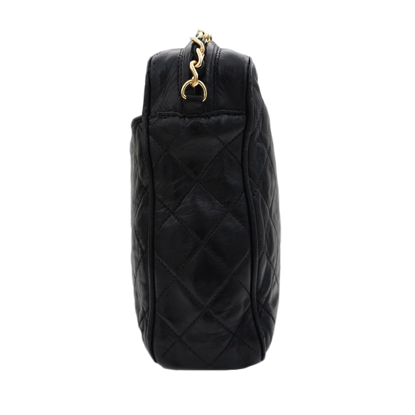 Authentic Chanel Vintage Black Lamb Quilted XL Camera Style Handbag