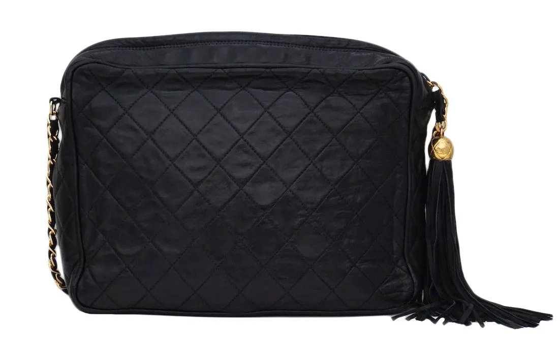 Authentic Chanel Vintage Black Lamb Quilted XL Camera Style Handbag