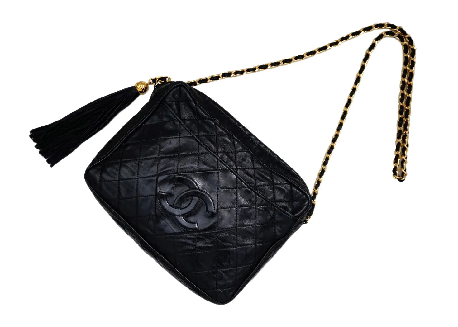 Authentic Chanel Vintage Black Lamb Quilted XL Camera Style Handbag