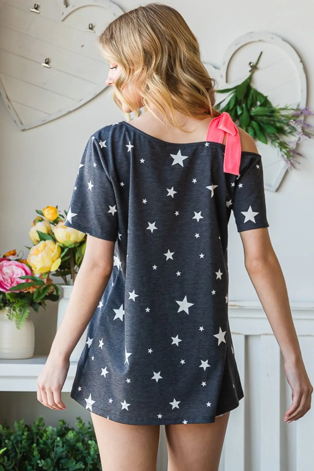 Ava Full Size Star Print Asymmetrical Neck Short Sleeve Top