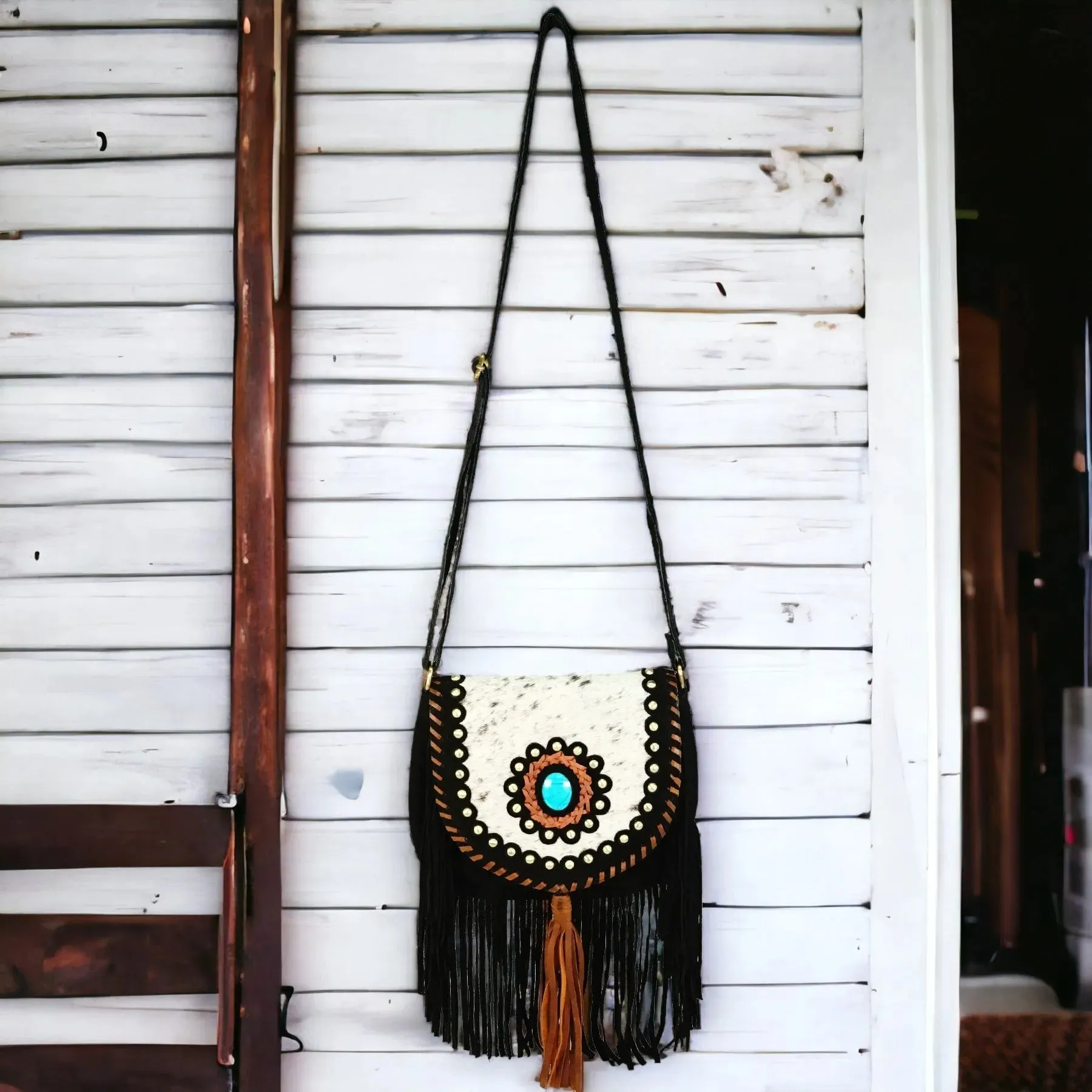 Aztec-Inspired Cowhide Purse with Boho Fringe
