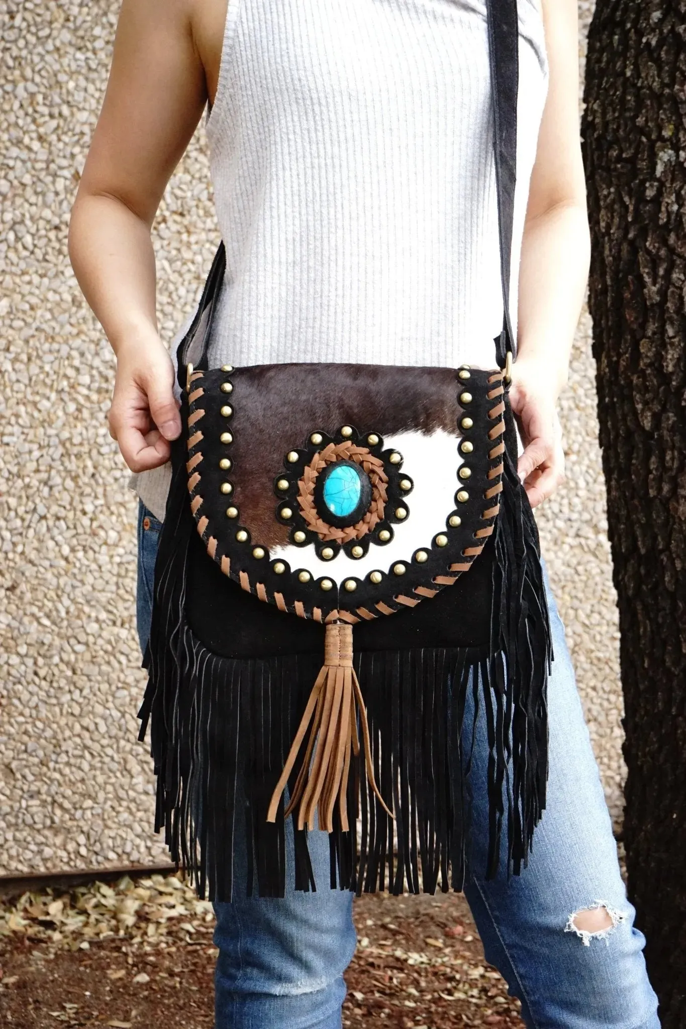 Aztec-Inspired Cowhide Purse with Boho Fringe