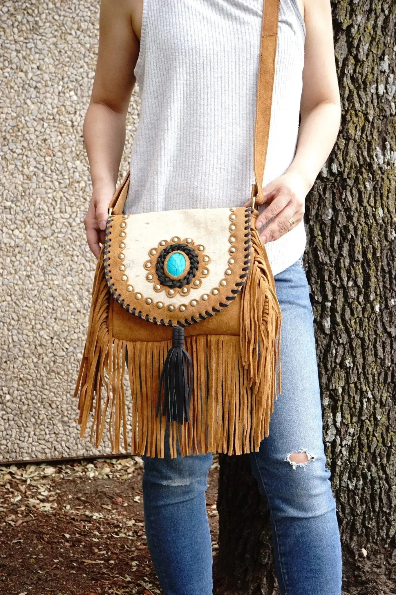 Aztec-Inspired Cowhide Purse with Boho Fringe