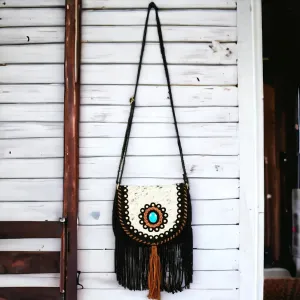 Aztec-Inspired Cowhide Purse with Boho Fringe