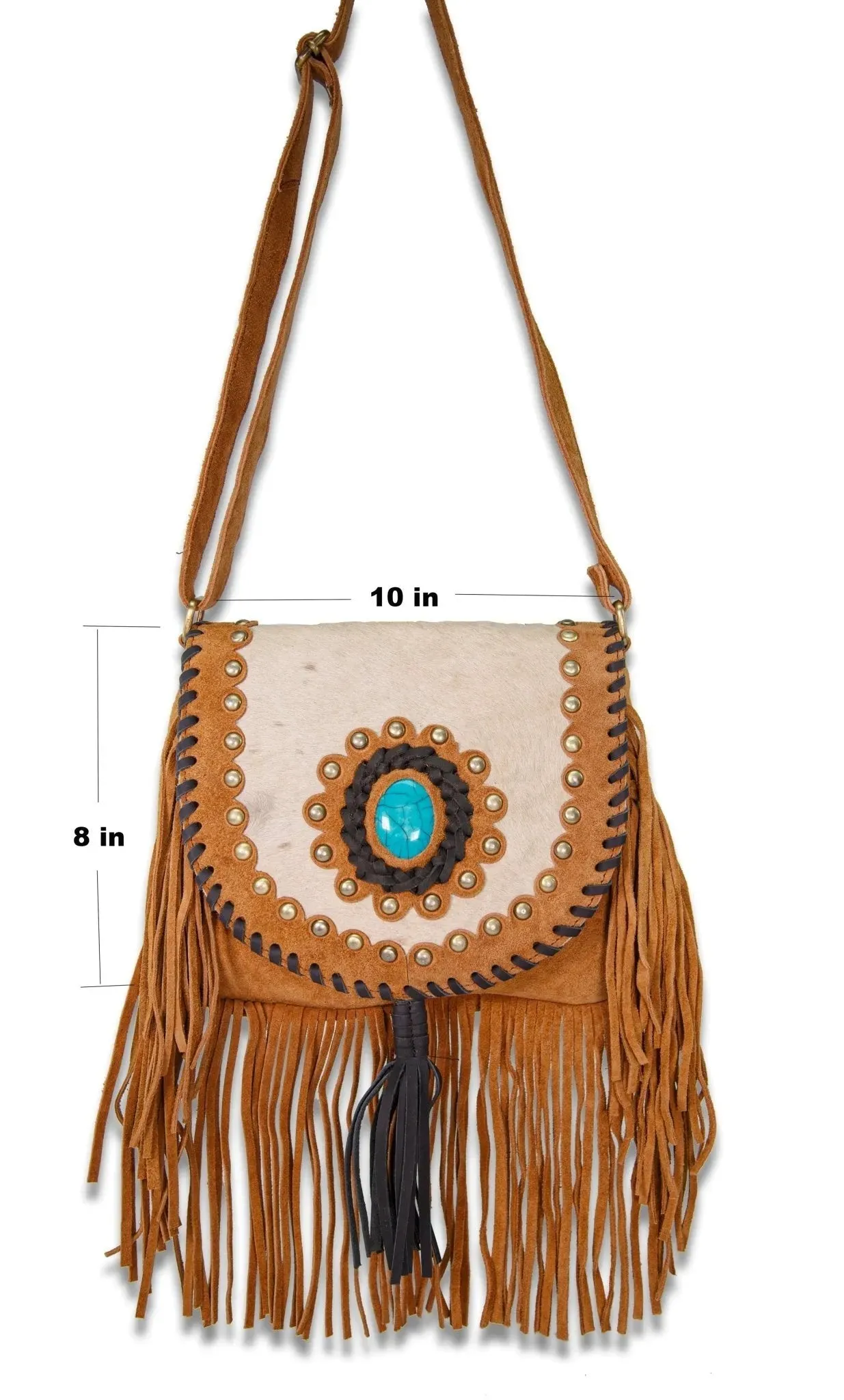 Aztec-Inspired Cowhide Purse with Boho Fringe