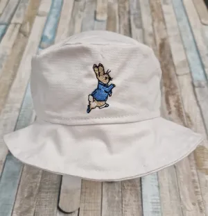 Baby White Baby Cotton Embroidred Bucket Hat With Blue Rabbit