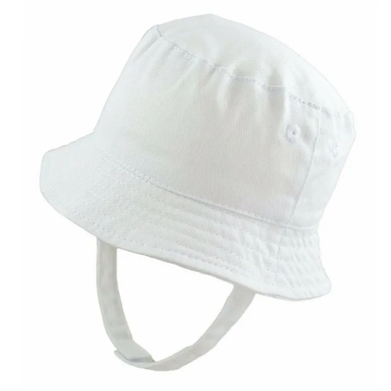 Baby White Cotton Bucket Hat With Chin Strap