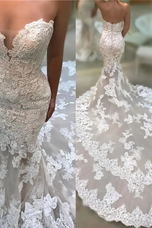 Backless Strapless Modern Mermaid Wedding Dresses Cathedral Train Lace Dresses for Weddings