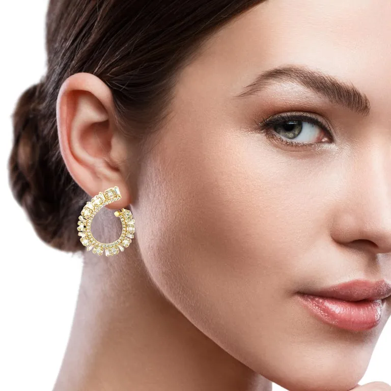 Baguette and Round Diamond Hoop Earrings in Yellow Gold, 3.12 Carats Total