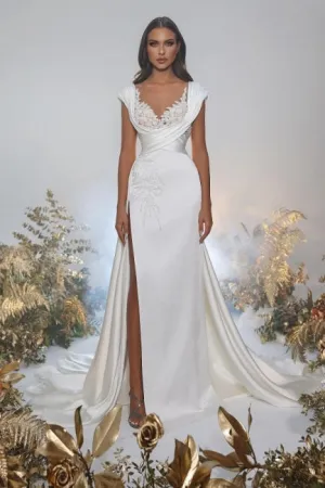 Ballbella Charming Sweetheart Appliques Long Cap Sleeve Slit Front Evening Dress with Ruffles