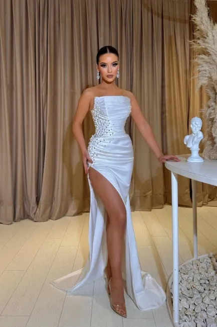 Ballbella Exquisite Slit Front Sleeveless Strapless Stain Evening Dress with Beadings