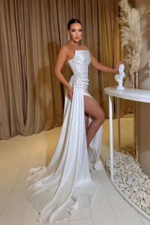 Ballbella Exquisite Slit Front Sleeveless Strapless Stain Evening Dress with Beadings