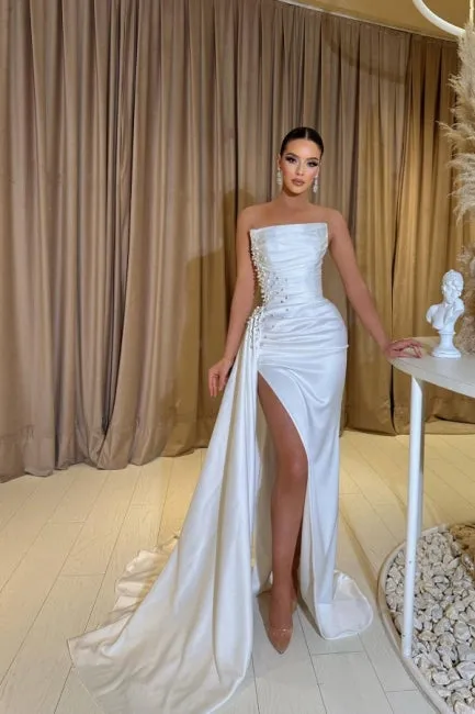 Ballbella Exquisite Slit Front Sleeveless Strapless Stain Evening Dress with Beadings