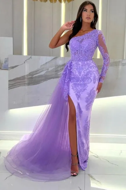 Ballbella One Shoulder Column Long Sleeve Slit Front Tulle Long Evening Dress with Lace