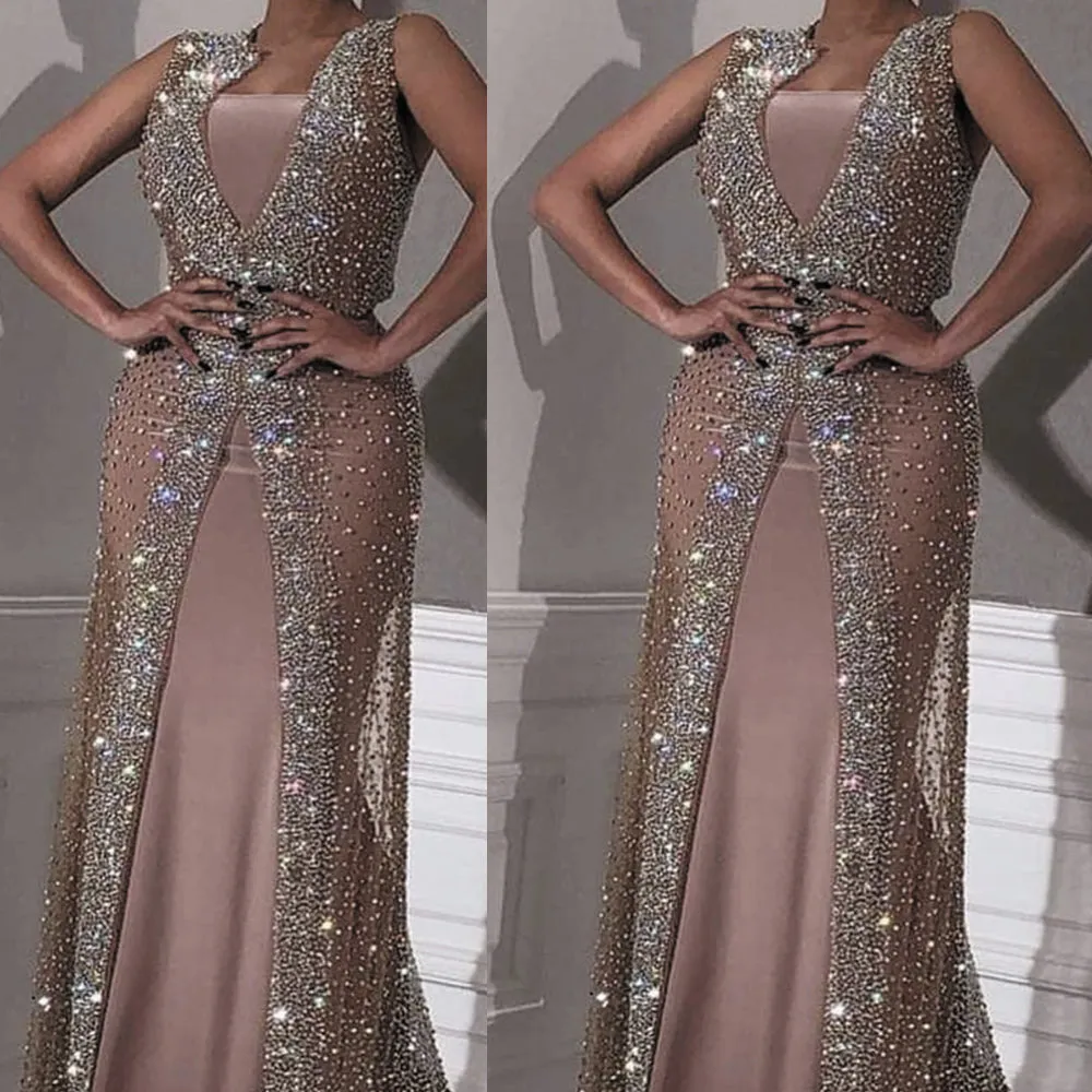 beaded prom dresses v neck sleeveless Dubai fashion dusty pink luxury muslim prom gown