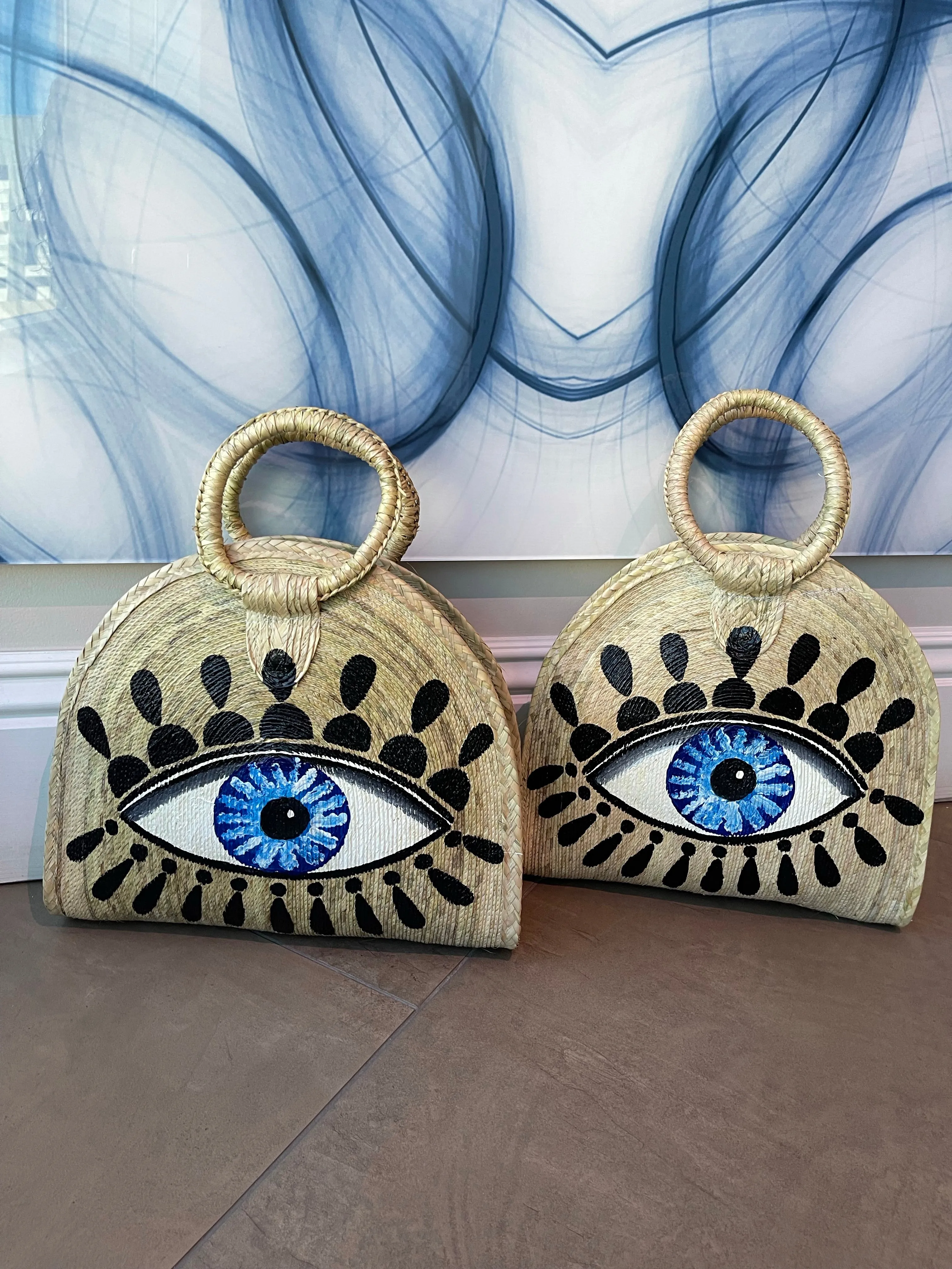 Beautiful Handcraft Palm Leaf Woven Hand Painting  Basket Bag