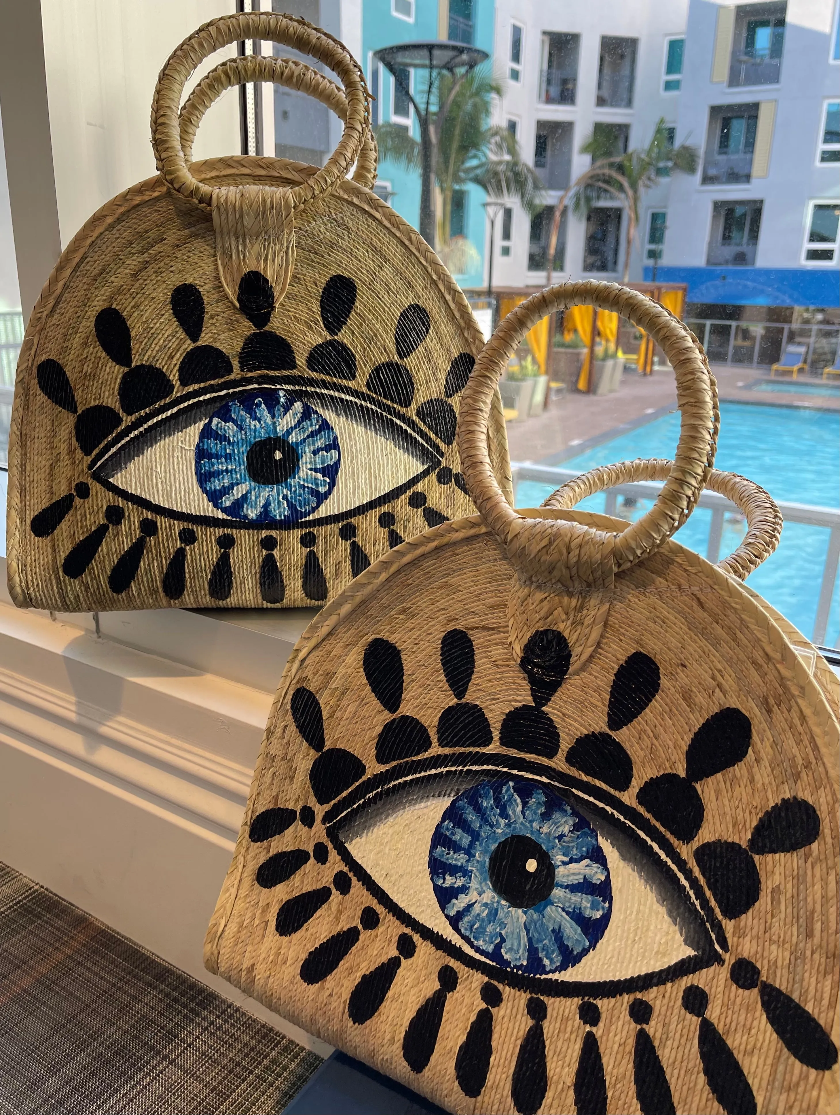 Beautiful Handcraft Palm Leaf Woven Hand Painting  Basket Bag