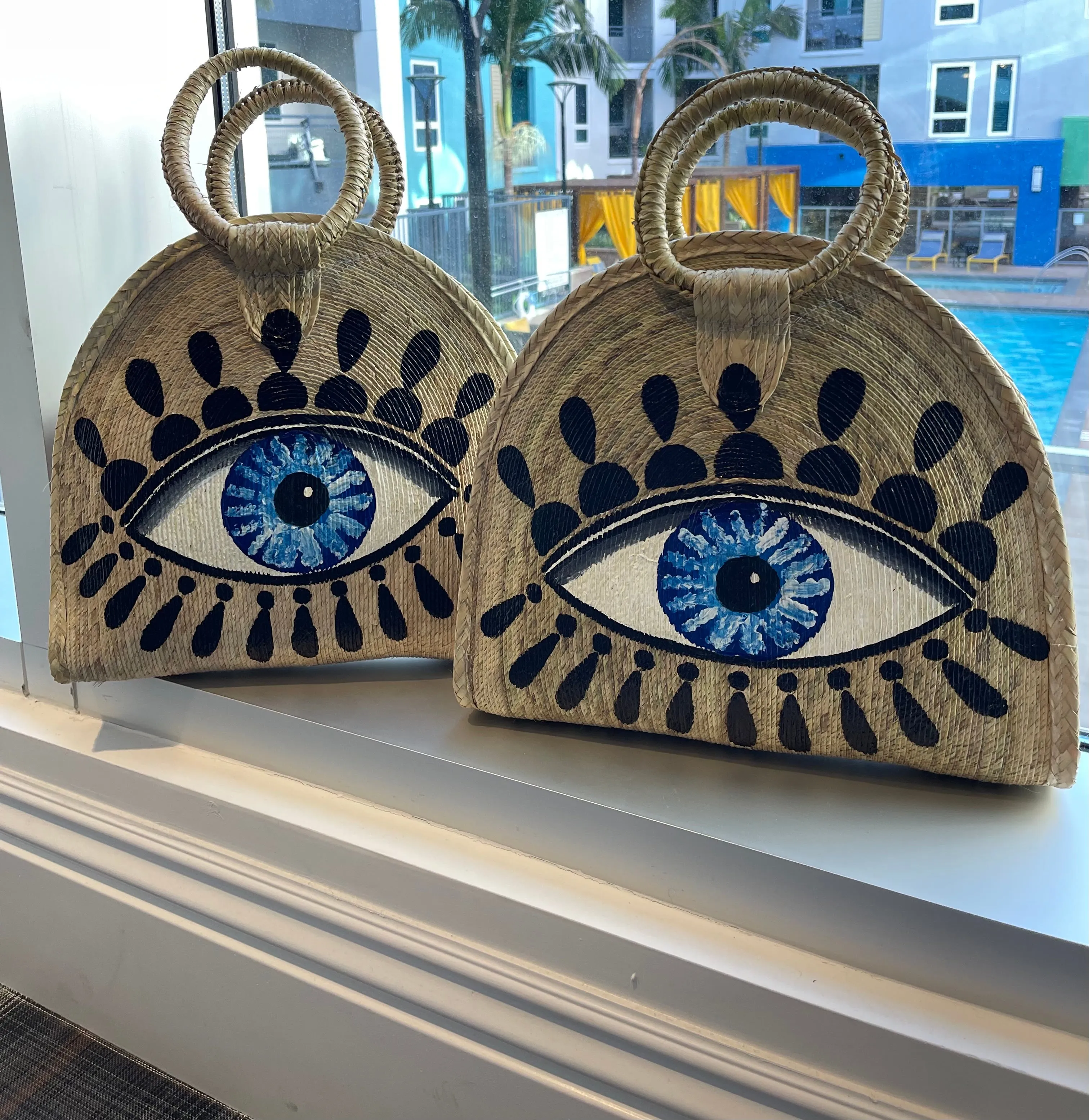 Beautiful Handcraft Palm Leaf Woven Hand Painting  Basket Bag