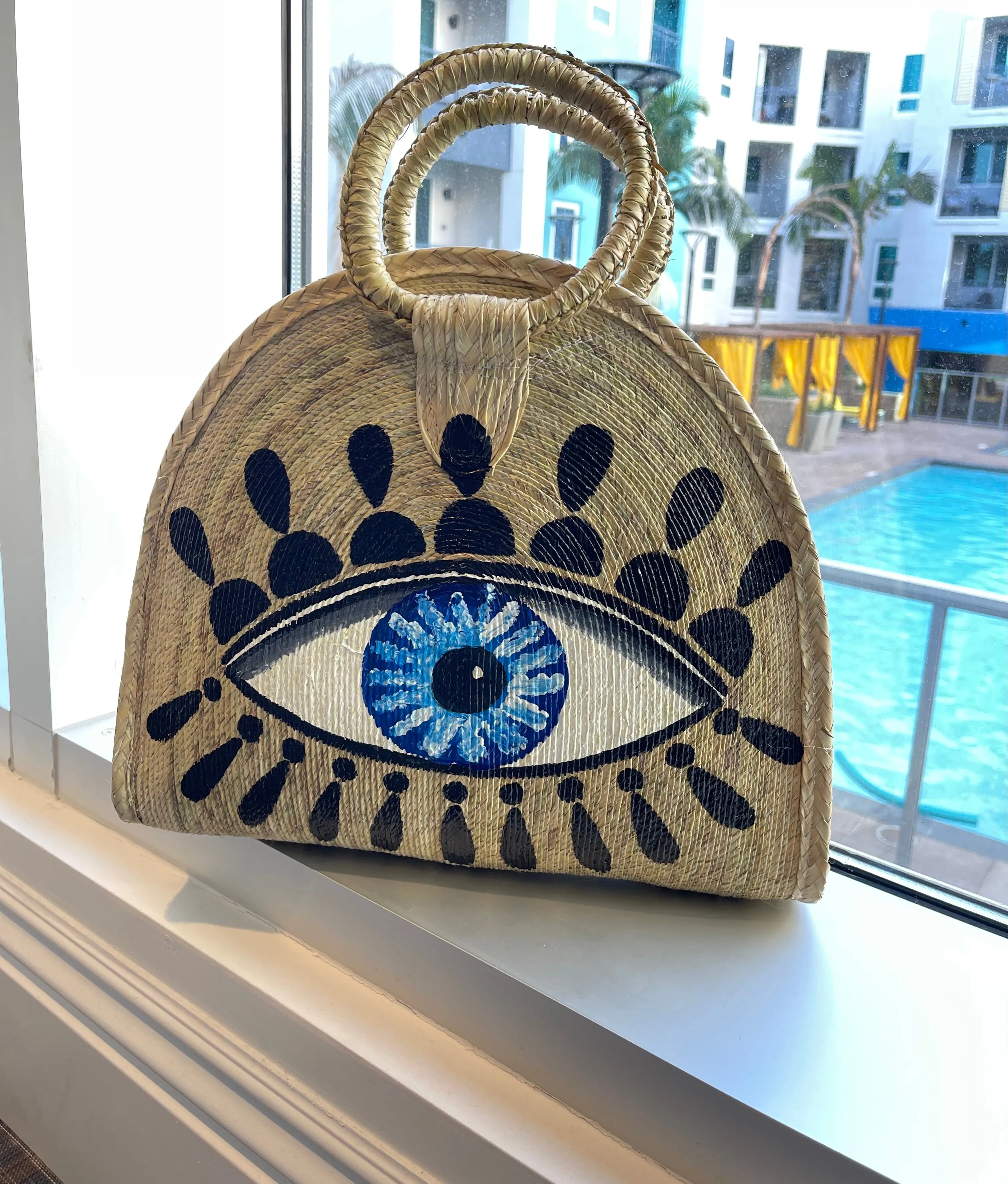Beautiful Handcraft Palm Leaf Woven Hand Painting  Basket Bag