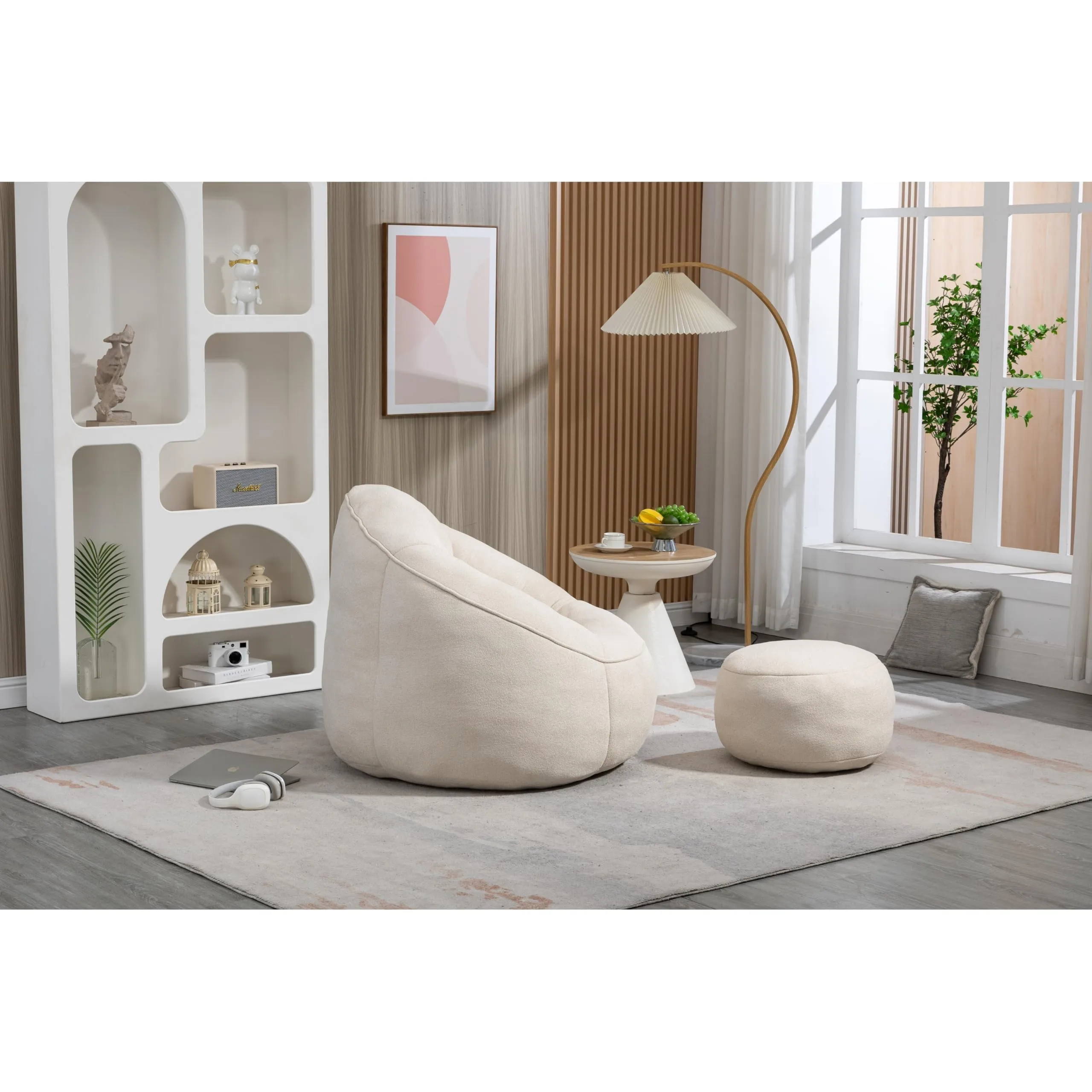 Beige Lazy Bean Bag fa Chair for Adults with Foam Filled Footrest