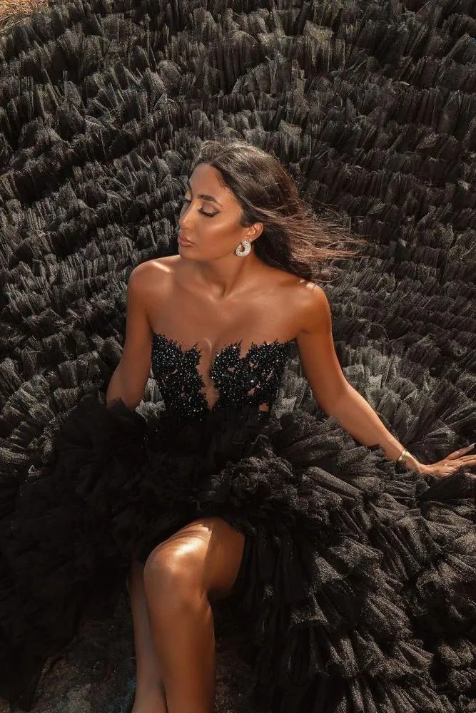 Black Beach Hi Lo Tulle Wedding Evening Gown Sleeveless lace