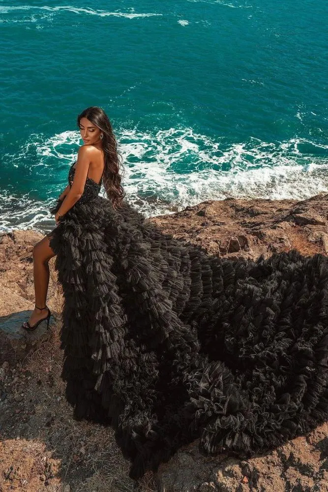 Black Beach Hi Lo Tulle Wedding Evening Gown Sleeveless lace