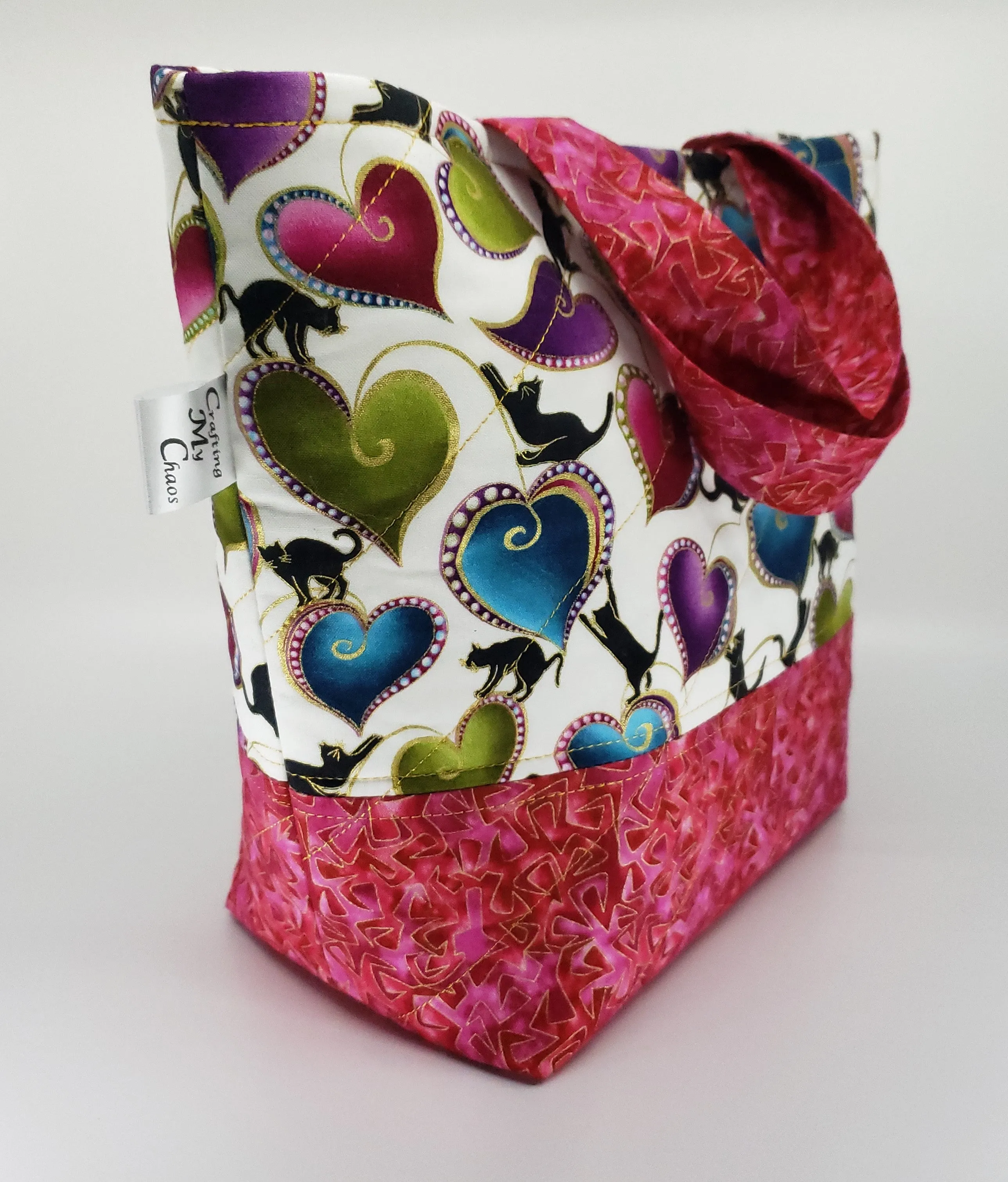 Black Cats in Pink - Quilted Bucket Bag - Medium