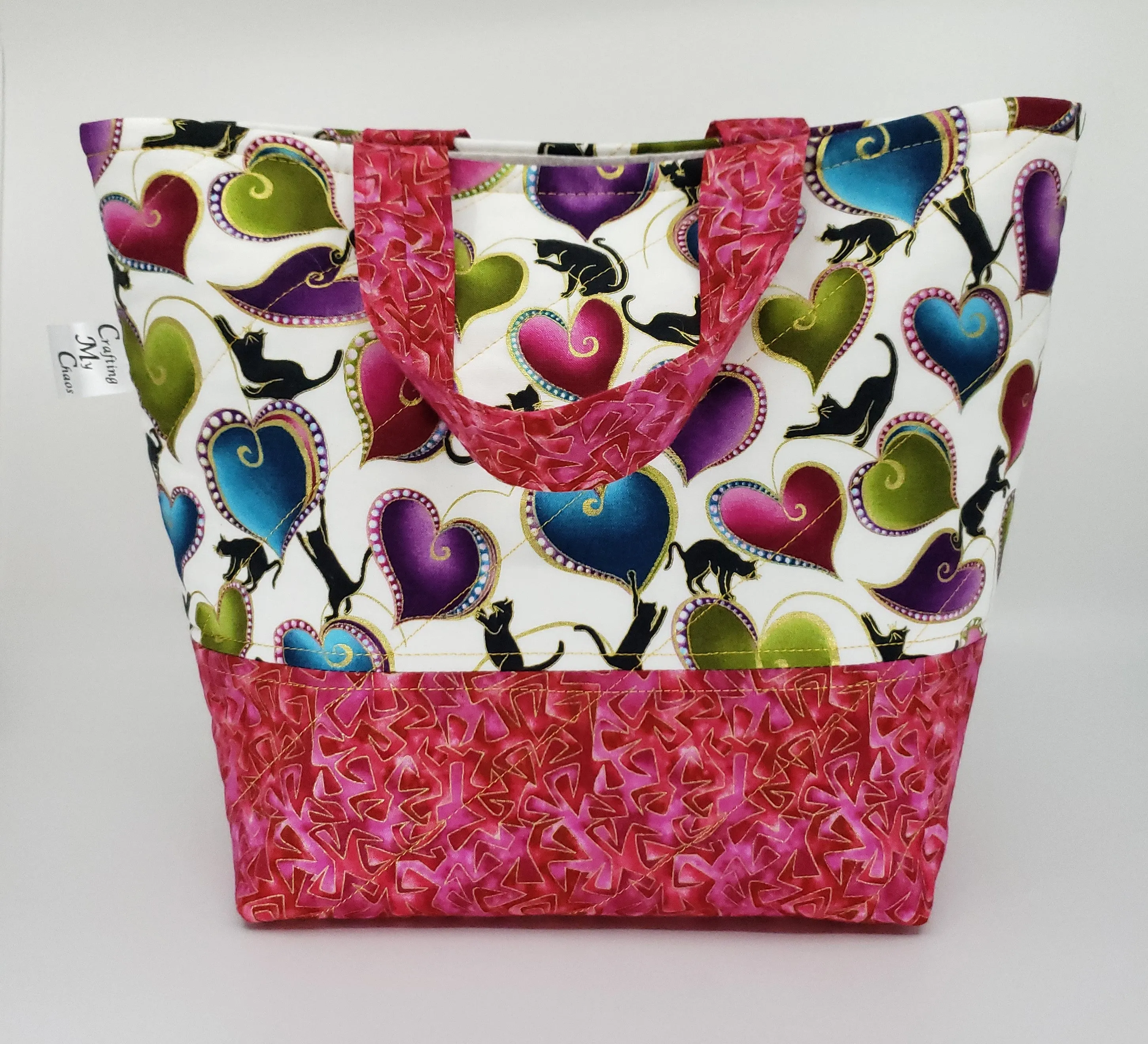 Black Cats in Pink - Quilted Bucket Bag - Medium