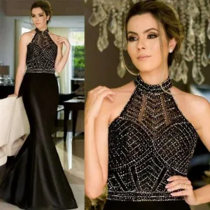 black evening dresses long beaded high neck peals mermaid modest elegant formal evening gown